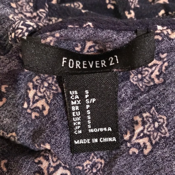 Forever 21 Boho Peasant Top Size Small Blue Tan Criss Cross Back Swing Tee - Picture 12 of 13